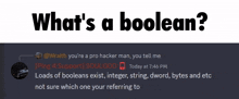 a screenshot of a discord conversation asking what a boolean is