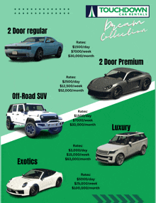 an ad for touchdown car rentals shows different types of vehicles