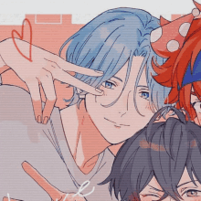 a boy with blue hair is making a peace sign with his fingers