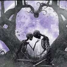 a couple of skeletons kissing under a tree in front of a purple moon .