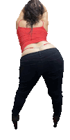 a woman in a red tank top and black jeans has a chain around her waist