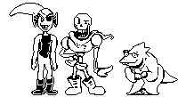 a group of pixel art characters standing next to each other .