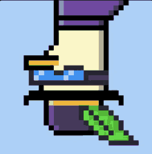 a pixel art of a person wearing a purple hat and glasses