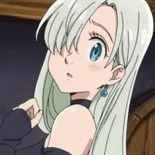 elizabeth from the seven deadly sins is wearing a black dress and earrings .