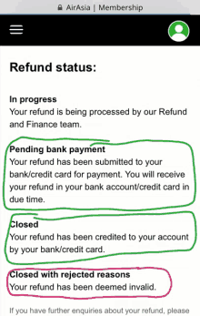 a screenshot of a refund status page for airasia membership