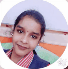 a young girl is smiling in a circle with b612 written on it