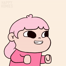 a cartoon drawing of a girl with pink hair says happy homies