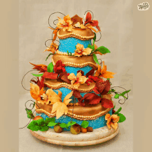 a four tiered cake with flowers and leaves on it