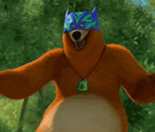 a cartoon bear is wearing a blue mask and a necklace .