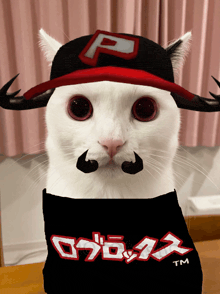 a white cat wearing a hat and a shirt that says tm on it