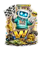 a cartoon drawing of a robot holding a checkered flag and wearing a shirt that says wigi 995