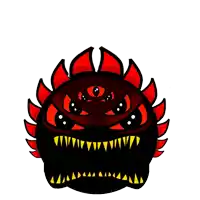 a cartoon drawing of a monster with sharp teeth and red eyes