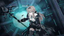a girl with long blonde hair and blue eyes is holding a sword