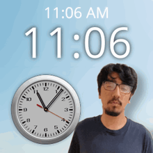 a man wearing glasses stands in front of a clock that reads 11:06 am