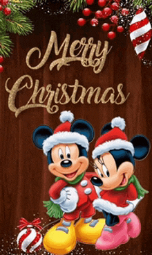 a merry christmas card with mickey mouse and minnie mouse on it