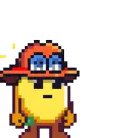 a pixel art character wearing a red hat and goggles is holding money