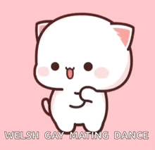 a cartoon cat is dancing on a pink background with the words welsh gay mating dance .