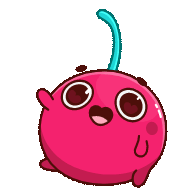 a cartoon cherry with big eyes and a blue stem