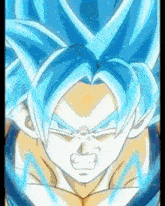 a close up of a dragon ball z character with blue hair