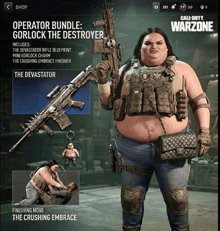 an advertisement for call of duty warzone shows a fat woman holding a rifle