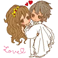 a pixel art drawing of a bride and groom with the word love written under them