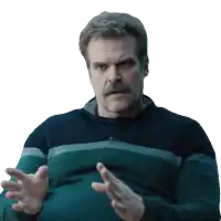 a man with a beard and mustache is wearing a green and gray sweater