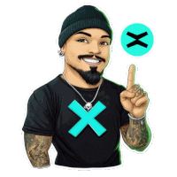 a cartoon of a man wearing a black shirt with a blue x on it