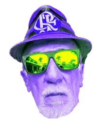 a man wearing a purple hat and green sunglasses has the letter r on his hat