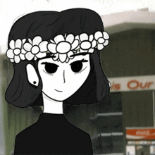 a black and white drawing of a girl with a flower crown