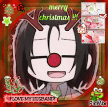 a clown with antlers and a red nose says merry christmas and i love my husband