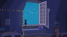 a cartoon drawing of a cat looking out a window at the night sky