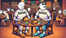 a cartoon of two men sitting at a table eating tacos with a sign that says taco tuesday