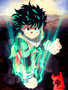 a drawing of a boy with green hair and green lightning