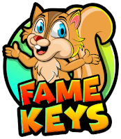 a logo for fame keys with a cartoon squirrel giving a thumbs up