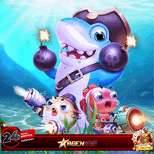 an advertisement for agen 69 shows a shark with bombs