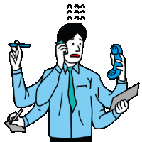 a cartoon drawing of a man with many hands talking on a phone