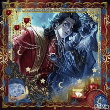 a picture of a man in a red robe holding a crystal ball with a picmix logo in the bottom right corner