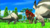a group of dinosaurs standing in a grassy field with trees in the background