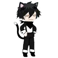 a boy with black hair and cat ears is standing with his hands in his pockets on a white background .