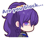 a sticker of a girl with purple hair and the words `` are you black '' .