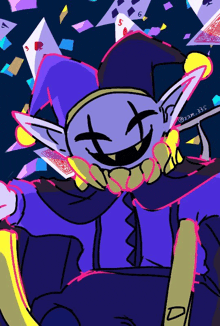 a drawing of a jester with playing cards around him and the letters d on the bottom