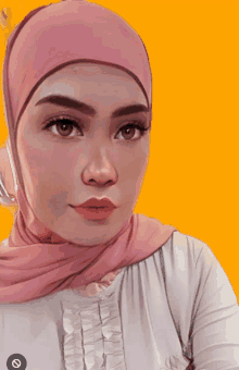 a woman wearing a pink hijab and a white shirt with a yellow background