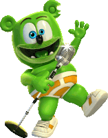 a green gummy bear is holding a microphone and a disc