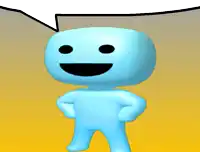 a blue cartoon character with a speech bubble above it