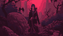 a pixel art of a man in a cloak with clouds