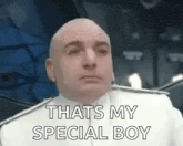 a bald man in a white uniform is saying `` thats my special boy '' .