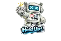 a sticker of a robot wearing a digi 995 hoodie