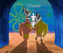 a cartoon drawing of spongebob holding a statue with the word dizband on it