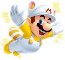 a cartoon character is flying through the air wearing a white hat and overalls .