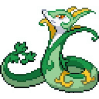 a pixel art illustration of a green snake with a yellow head and tail .